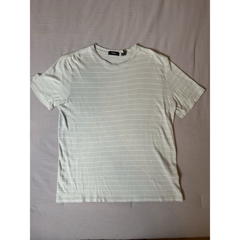 Theory Men’s Medium Short Sleeve Knit T-Shirt Green With White Stripe Crewneck